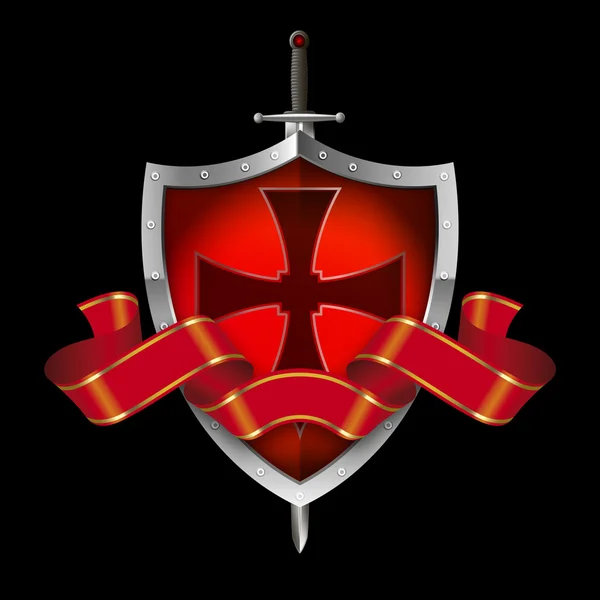 Heraldický štít s červenou stužku a mečem. — Stock fotografie
