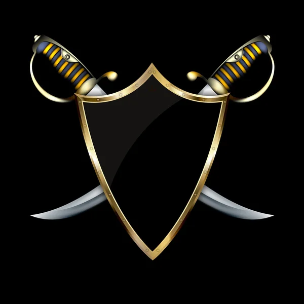 Escudo preto com borda rebitada de ouro e sabres . — Fotografia de Stock
