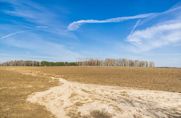 Spår av torrents av våren på ett fält — Stockfoto