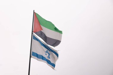 Bir İsrail ve Filistin bayrağı rüzgarda birlikte barış ve beraberliğin sembolü ve iki devletten oluşan bir çözüm olarak