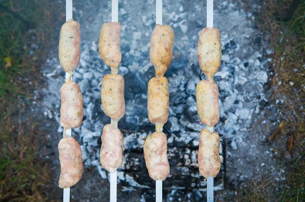 Deliziose Salsicce Uno Spiedo Riposo Amici All Aperto — Foto Stock