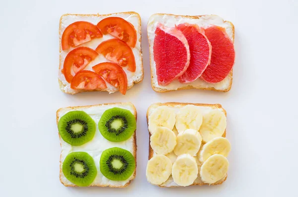 Bright Mix Sandwiches Breakfast Fruit Vegetables — Stock Photo, Image