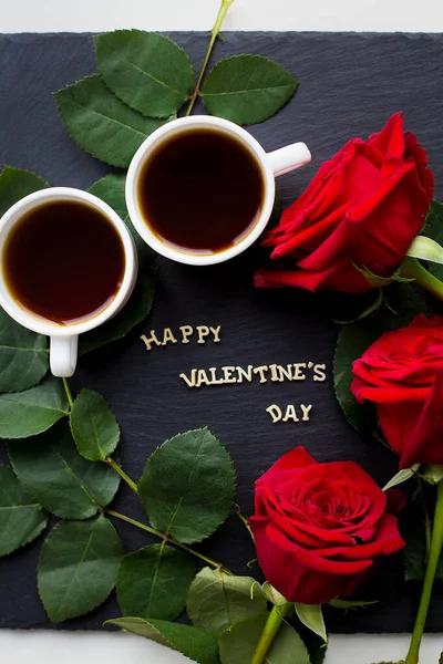 Inscription Happy Valentine Black Background Red Roses Coffee — Stock Photo, Image