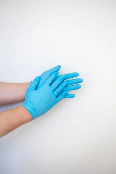 Mãos Luvas Descartáveis Médicas Azuis Mostram Padrão Lavagem Das Mãos — Fotografia de Stock