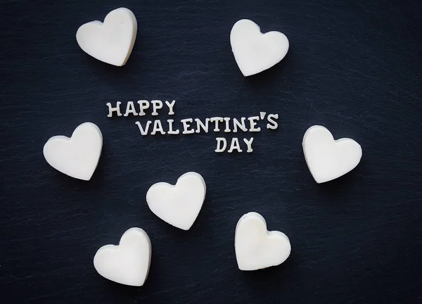 Цукерки Білий Шоколад Серці Напис Щасливий Валентин Крупним Планом — стокове фото