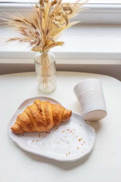 White Glass Plate Which Croissant Made Clay Inscription Handmade — Stock Photo, Image