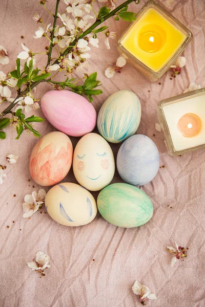 Beautiful Watercolor Paints Easter Eggs Lie Delicate Pink Cloth Burning — Stock Photo, Image