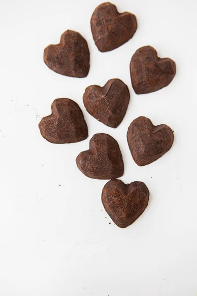 Truffle Chocolate Candies Form Heart White Background Place Inscription — Stock Photo, Image