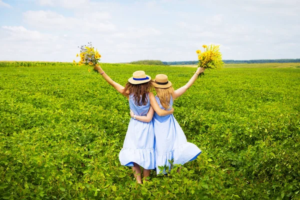 Zwei Schöne Freundinnen Mit Hüten Umarmen Sich Grünen Feld — Stockfoto