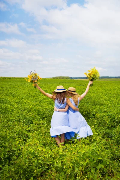 Zwei Schöne Freundinnen Mit Hüten Umarmen Sich Grünen Feld — Stockfoto