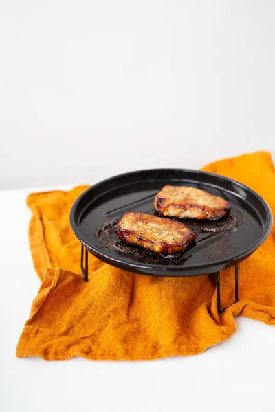 Delicious Appetizing Grilled Pork Tenderloin Steak Table Orange Napkin — Stock Photo, Image
