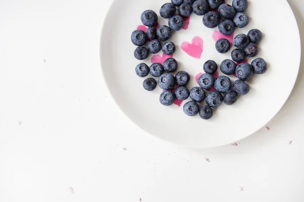 Delicious Blueberries Lie Plate Heart Delicious Healthy Food Place Inscription — Stock Photo, Image