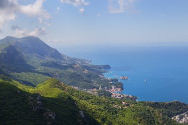 Prekars view from the top of the mountain road. View of the coast and the city of the Budva Riviera. Montenegro, Balkans, Adriatic Sea, Europe