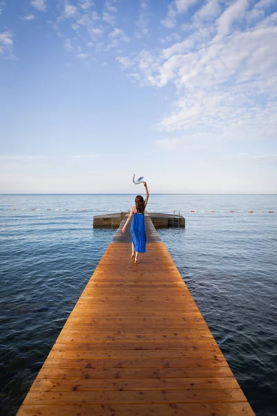 Montenegro Budva Girl Blue Dress Lies Wooden Pier Sea Beautiful — Stock Photo, Image