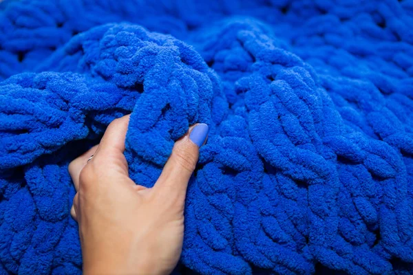 Close Hand Touches Beautiful Blue Plush Woolen Blanket Warmth Coziness — Stock Photo, Image