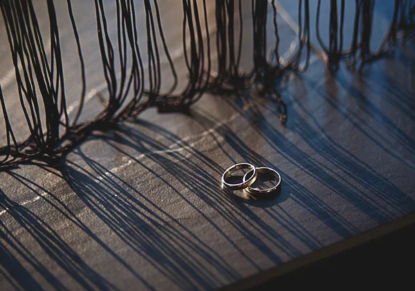 Anéis de casamento em uma placa de madeira — Fotografia de Stock