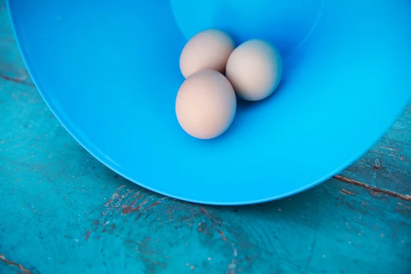 Páscoa - ovos brancos naturais em uma tigela azul — Fotografia de Stock