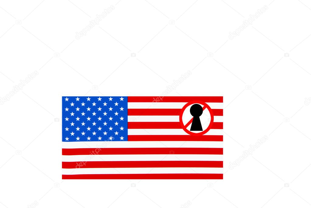 flag with a lockdown warning of UNITED STATES OF AMERICA