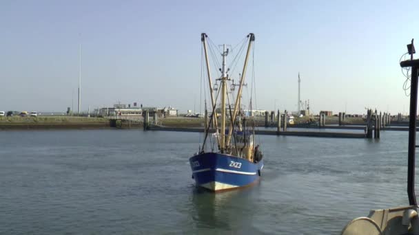 Rybářský člun vstupuje do přístavu — Stock video