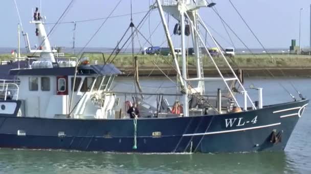 Vissersboot is het invoeren van de haven — Stockvideo