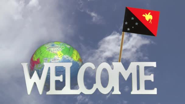 Roterande globe och små papper flagga Papua Nya Guinea — Stockvideo