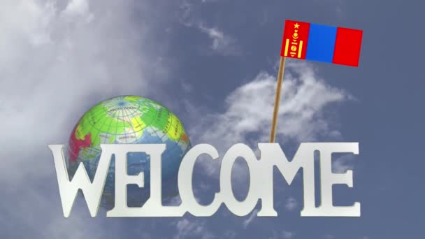 Roterande globe och små papper flagga Mongoliet — Stockvideo