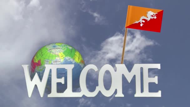 Globo giratório e pequena bandeira de papel do BHUTAN — Vídeo de Stock