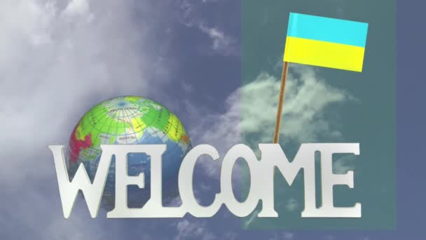 Turning globe and small paper flag of UKRAINE — Stock Video