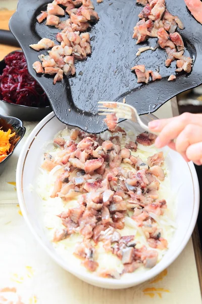 Russian traditional salad herring under fur coat — Stock Photo, Image