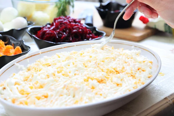 Russian traditional salad herring under fur coat — Stock Photo, Image