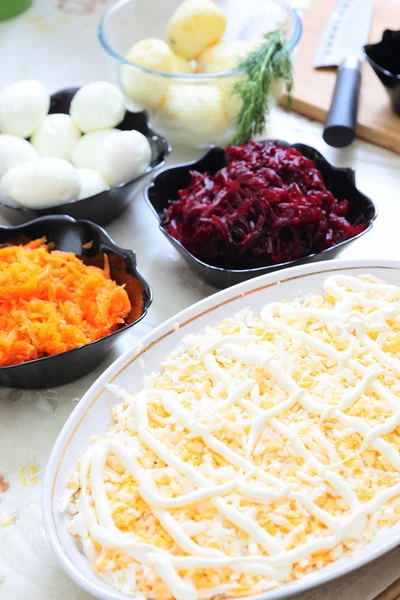 Russische traditionele salade haring onder bontjas — Stockfoto