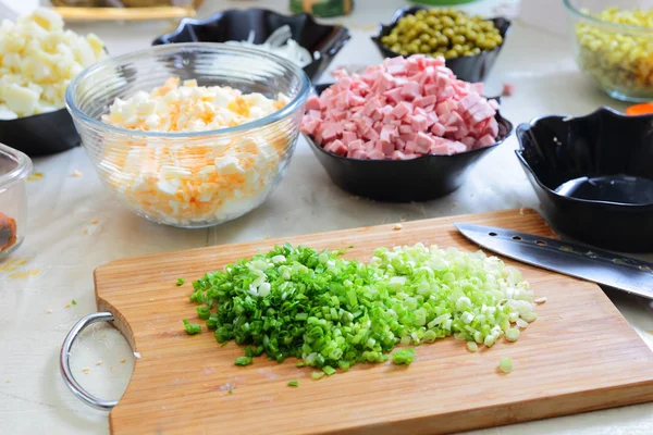 Preparing russian traditional salad Olivier — Stock Photo, Image
