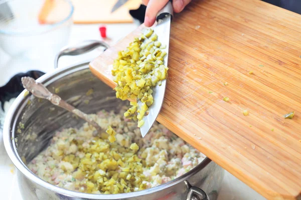 Preparing russian traditional salad Olivier — Stock Photo, Image