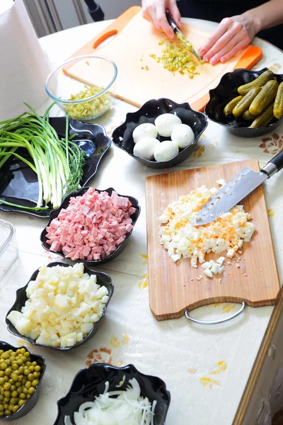 Preparing russian traditional salad Olivier — Stock Photo, Image