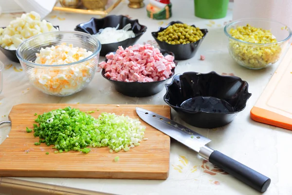 Preparing russian traditional salad Olivier — Stock Photo, Image