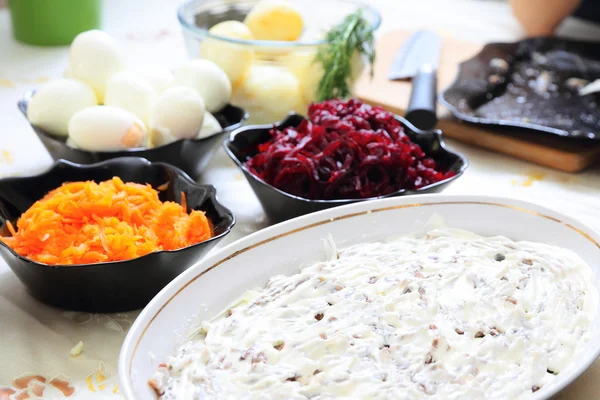 Russian traditional salad herring under fur coat — Stock Photo, Image