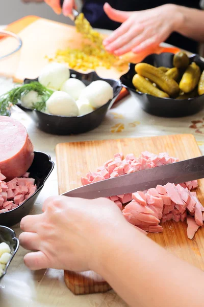 Preparing russian traditional salad Olivier — Stock Photo, Image