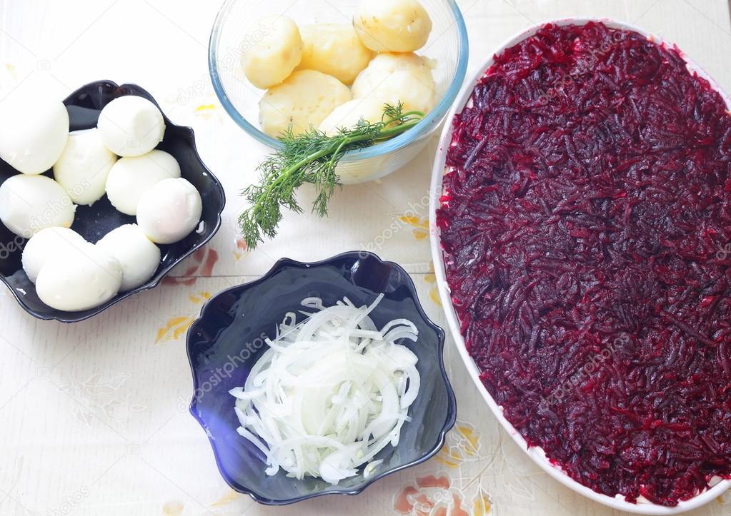 Russian traditional salad herring under fur coat Stock Photo by ©bozhdb