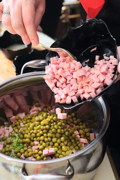 Preparing russian traditional salad Olivier — Stock Photo, Image