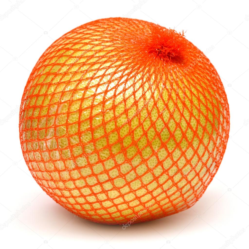 Pomelo fruit wrapped in plastic reticle