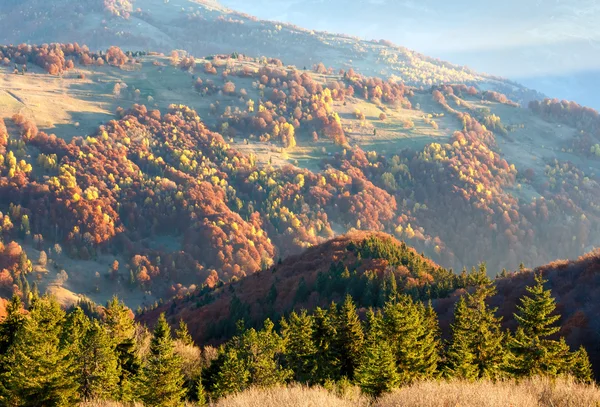 Sunbeam och hösten dimmiga berg. — Stockfoto