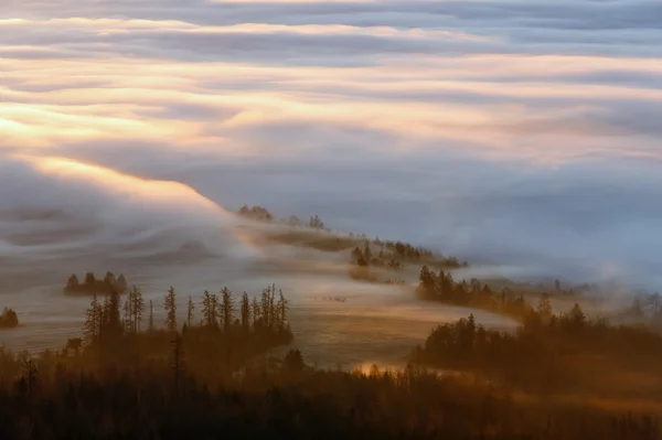 Clouds illuminated by morning sun over valley. — Stock Photo, Image