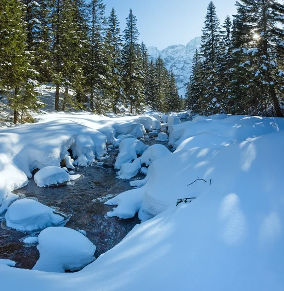 Small mountain stream with snowdrifts. — Stock Photo, Image