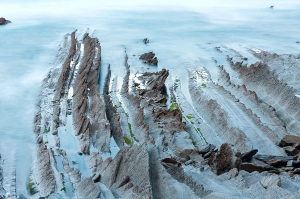 Twilight ocean coast with ribbed stratiform rock. — Stock Photo, Image