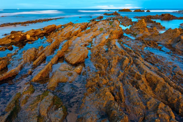 Soumrak ocean pobřeží s žebrovaným vrstevnaté rock. — Stock fotografie