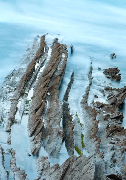 Twilight ocean coast with ribbed stratiform rock.