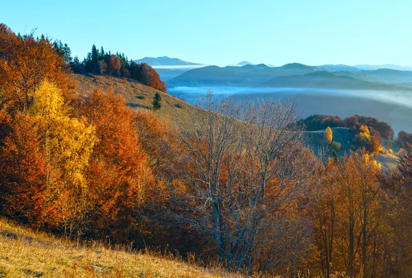 Morgennebel in den herbstlichen Karpaten. — Stockfoto