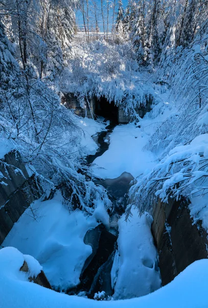 Foresta Invernale Alpina Innevata Con Cumuli Neve Torrente Ghiacciato — Foto Stock