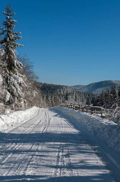 道端に雪のモミの森 雪のドリフトや木のフェンスを介してリモート山の集落への2番目の田舎の高山道路 — ストック写真