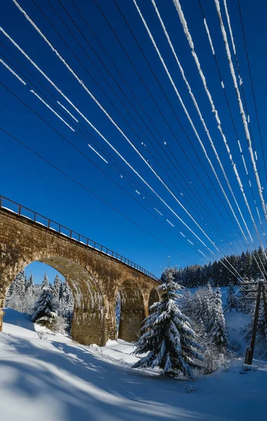 铁路上穿越雪山冷杉林的石塔 路边飘雪 树上和电线上结霜 — 图库照片